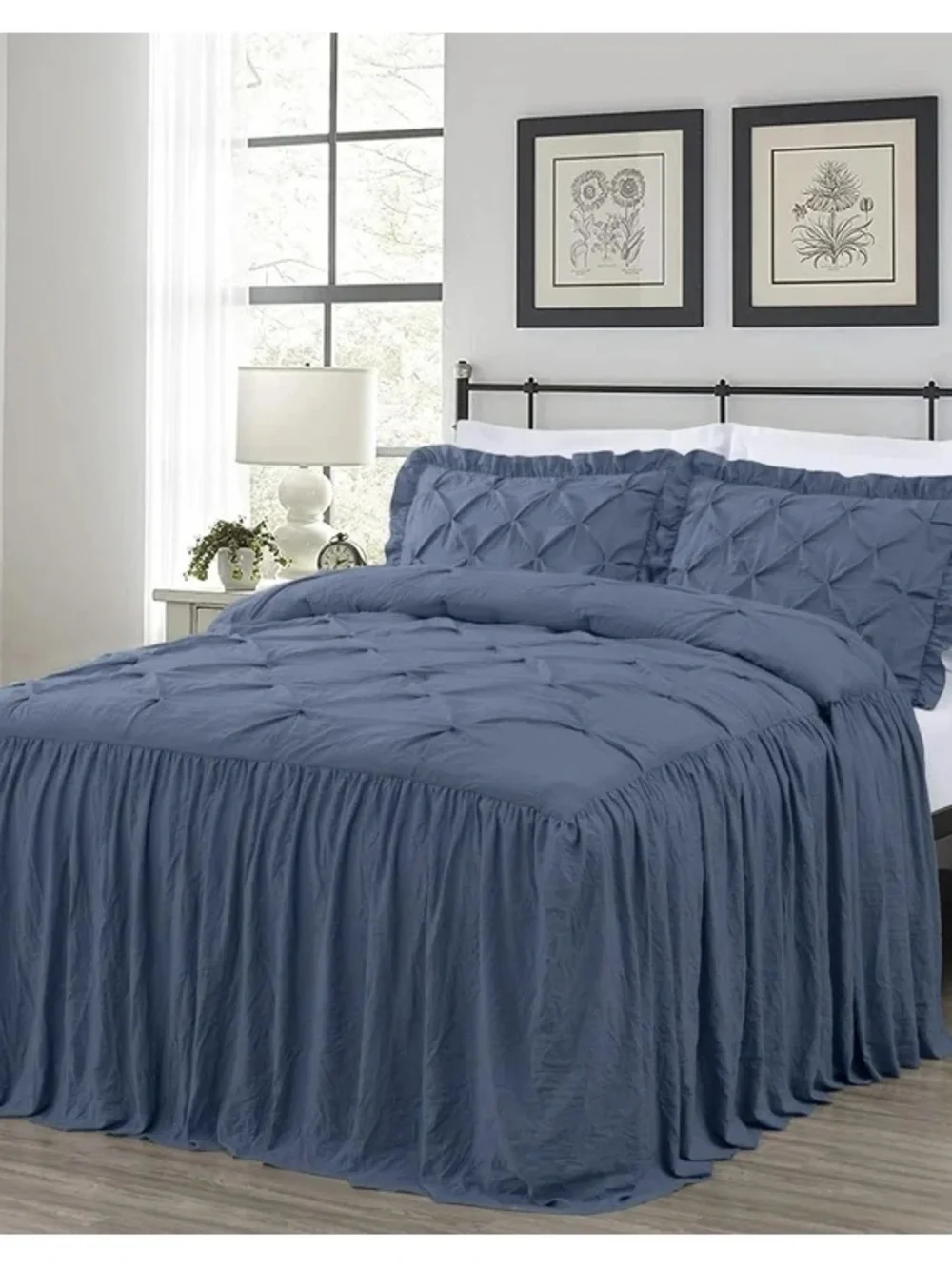 Blue Pintuck Queen 3 piece Bedspread Set - Classic Ruffled Comfort